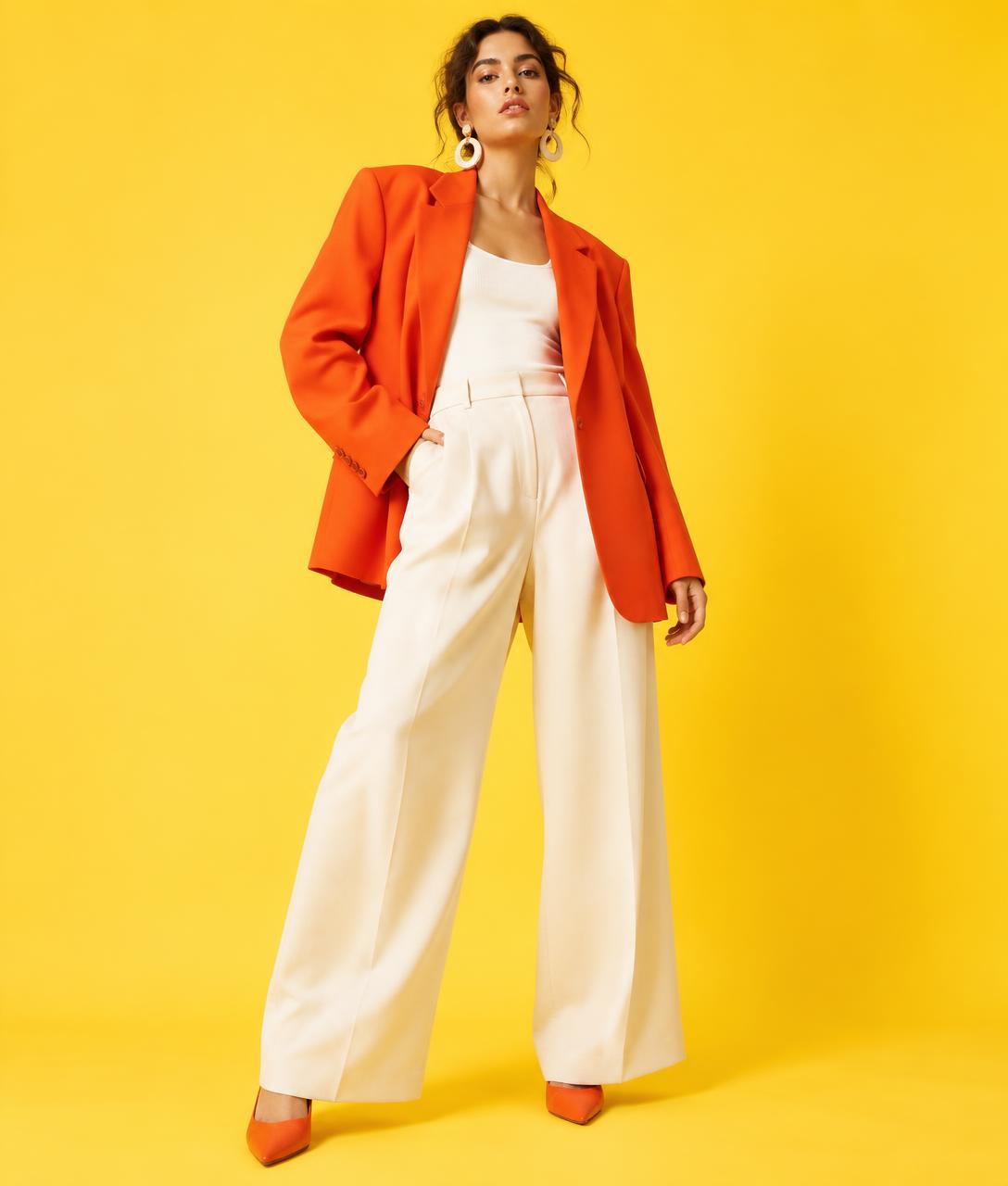 Model wearing an orange blazer and cream trousers