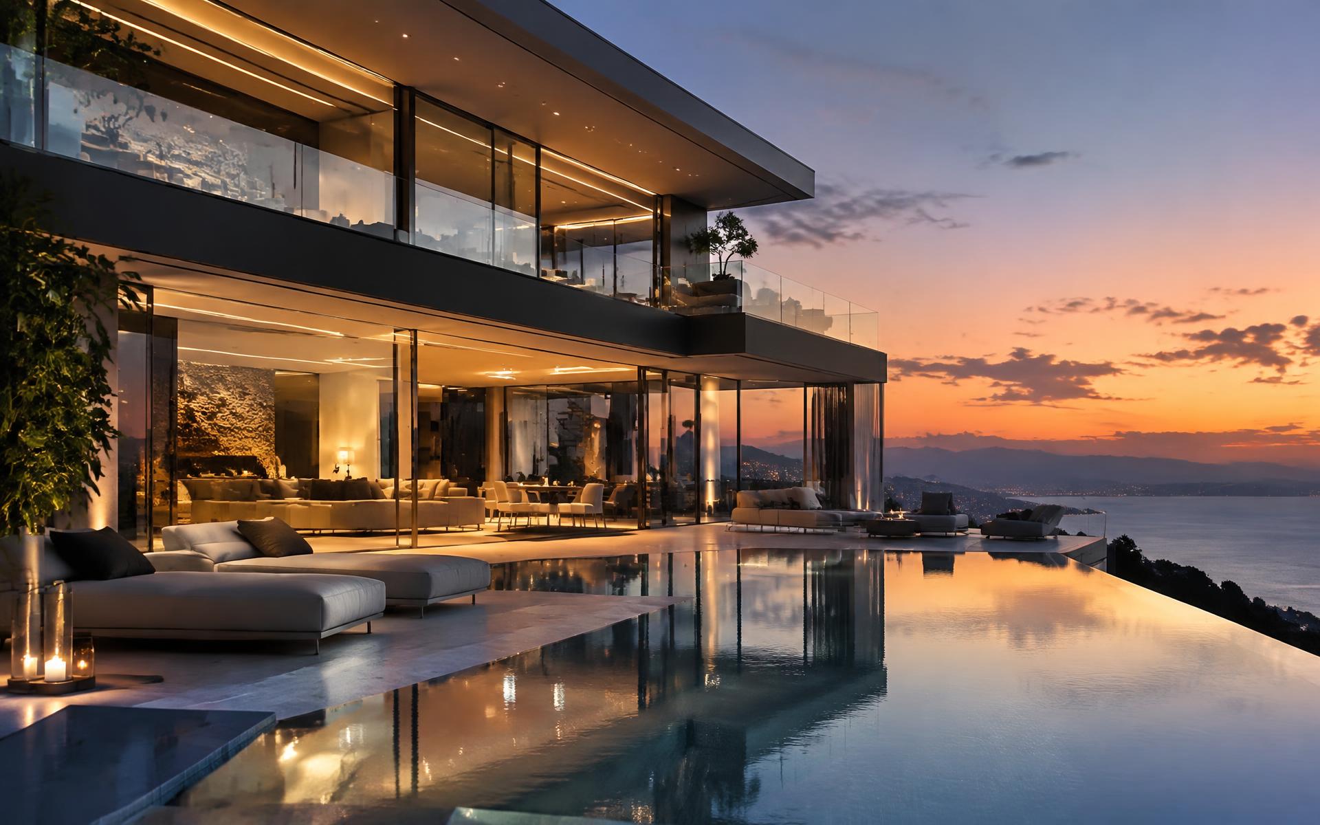 Modern luxury villa at dusk