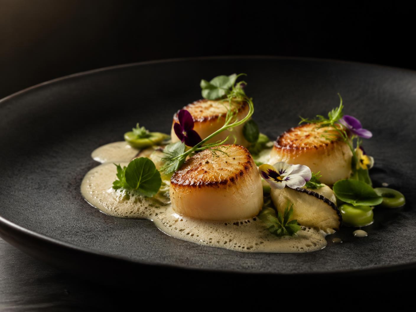Hand-dived scallop · Sea herbs · Champagne